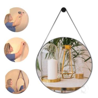 Imagem de Espelho Decorativo Redondo 40cm Adnet Suspenso C/ Alça Couro - Rei dos
