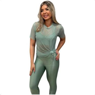 Imagem de Blusa Feminina de Tule Transparente Academia Fitness Manga Curta Lisa 