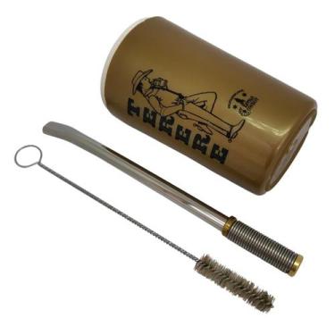 Imagem de Kit tereré cuia copo térmico plástico 300ml dourado com tampa + bomba 