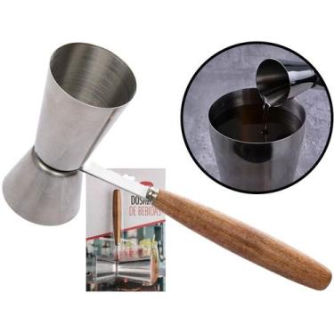 Imagem de Medidor Dosador Duplo Para Bebidas Drinks Coquetel Madeira E Aço Inox 