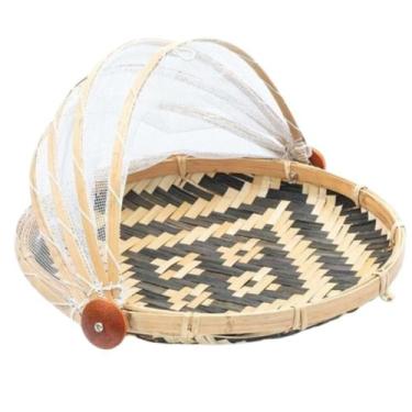 Imagem de Cesto Porta Pão Bolo Bambu Cobertura Retrátil Redondo 30cm Preto - MUN