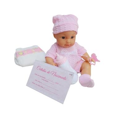 Imagem de Boneca Bebê que Faz Xixi com Certidão de Nascimento, Roupinha Rosa, Chupeta e Fralda