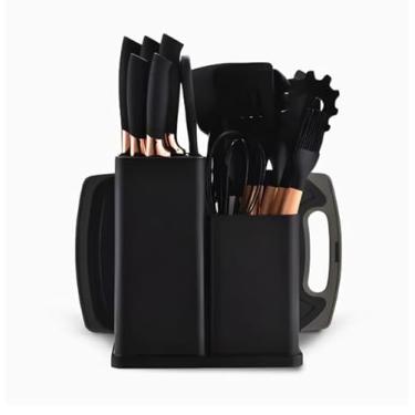 Imagem de Utensilios para Cozinha Silicone Kit com 19 Peças Cabo Madeira Suporte Faca Antiaderente Tabua Tesoura Faqueiro (Preto) - YODHE