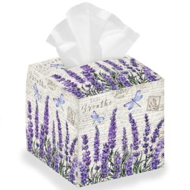 Imagem de DELORIGIN Suporte de caixa de lenços de papel de lavanda, capa quadrada de flores, caixa de armazenamento de lenços dobrável à prova d'água, caixa de papel para toalha, organizador de recipientes,