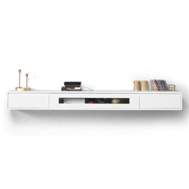 Imagem de Armário de TV Suporte de TV flutuante para baixo de TVs, console de TV montado na parede, unidades de TV flutuantes de madeira maciça modernas, centro de entretenimento com gavetas de armazenamento Ar