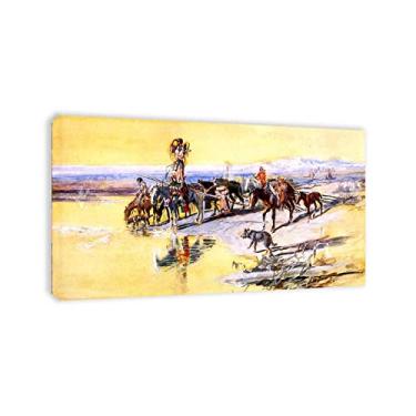 Imagem de "Indians Traveling on Travois" de Charles Marion RussellCanvas Prints-Famous Paintings Print on Canvas - Reproduções de imagens de paisagens em tela arte de parede para decoração de casa 60 x 100 cm