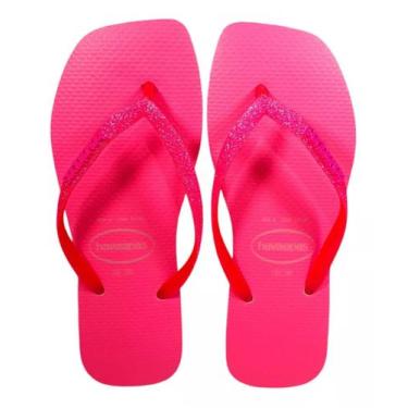 Imagem de Chinelo Havaianas Slim Square Glitter Neon, Bege palha, Rosa neon, 37/