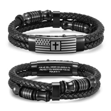 Imagem de VNOX Bracelete masculino de couro trançado feito à mão com mantra inspirador, ajustável, presente motivacional para homens, Bandeira americana - Salmo 91:11, Sem Pedra Preciosa