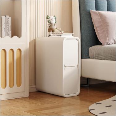 Imagem de Mesa lateral de sofá estreita | Mesa de cabeceira fina minimalista com 2 gavetas | Mesa de cabeceira de couro de microfibra, móveis de quarto de madeira para espaços pequenos, branco puro, 35 x 40 x