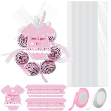 Imagem de Fullhawl 100 unidades de sacos de celofane de plástico transparente para chá de bebê, 5 x 58 cm, sacos de pretzel com 100 cartões postais e 2 rolos de fita para lembrancinhas de festa, presentes de