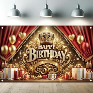 Imagem de Starlit Patio Pano de fundo de feliz aniversário dourado vermelho 188 x 109 cm, decoração de festa de aniversário, fotografia, casamento, aniversário, decoração de festa, suprimentos, adereço, cabine