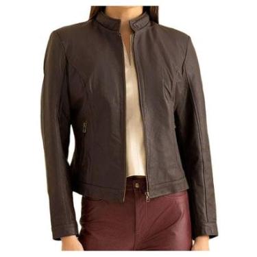 Imagem de Jaqueta Feminina Javali Couro Casual Gola Padre Marrom - 21104-Feminino