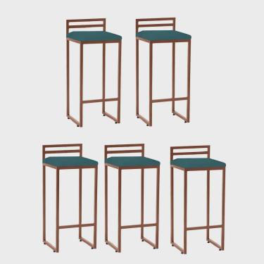 Imagem de Kit 05 Banqueta Alta Com Encosto Petra Balcão Bar Cozinha Bistrô Ferro Bronze Suede Azul Turquesa - Ahz Móveis