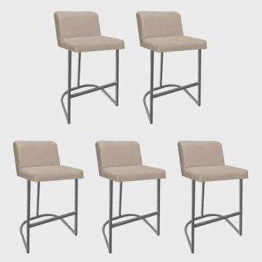 Imagem de Kit 05 Banquetas Com Encosto Noah Luxo Confort Bistrô Cozinha Ferro Cinza Sintético Bege - Ahz Móveis