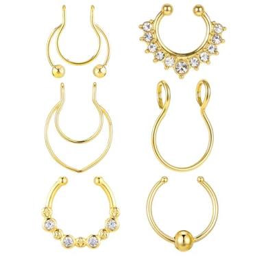 Imagem de 6 peças de piercings falsos, piercing de nariz falso, dourado, falso septo, piercing de nariz falso, piercing de nariz falso com clipe no septo, piercing de septo para mulheres, sem piercing