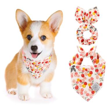 Imagem de E-Clover Bandanas florais rosa para cães e scrunchie combinando, cachecol fofo para cães, babadores, bandana para animais de estimação com gravata borboleta para cães médios e grandes, dona mãe
