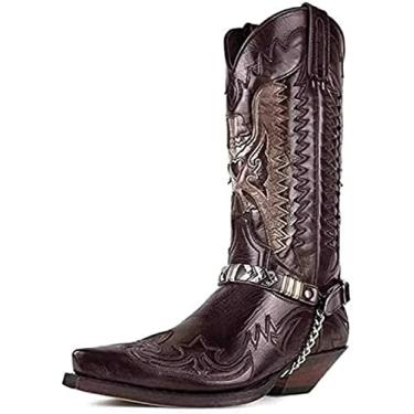 Imagem de Botas Masculinas De Cowboy Ocidentais, Botas Casuais Grandes Da Moda, Botas Bordadas De Salto Quadrado Longo, Botas Masculinas Casuais Com Zíper E Fivela Para Motocicleta,Marrom,39 UE,Collector88
