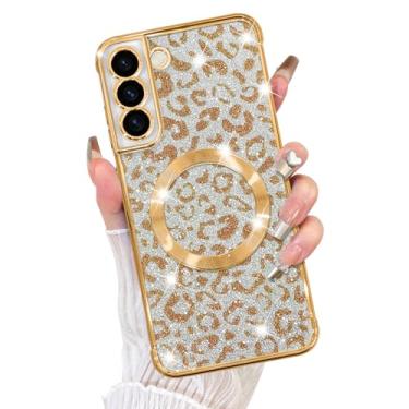 Imagem de Fiyart Capa projetada para Samsung Galaxy S21 Plus, compatível com MagSafe Cheetah Print Plating Proteção de câmera transparente com glitter magnético leopardo para mulheres e meninas amortecedor de