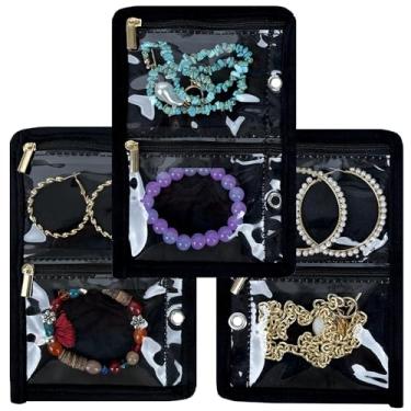 Imagem de LingLingo Estojo organizador de joias de viagem, pequenos sacos de joias para armazenamento de joias, fichário com zíper transparente de veludo para viagens (páginas internas, preto, 3 peças, médio)