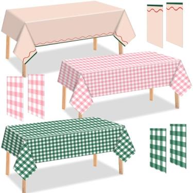 Imagem de Oudain 6 peças de toalha de mesa xadrez xadrez xadrez acampamento despedida de solteira descartável toalha de mesa retangular 137 x 274 cm toalhas de mesa de plástico guingão pastel para aniversário