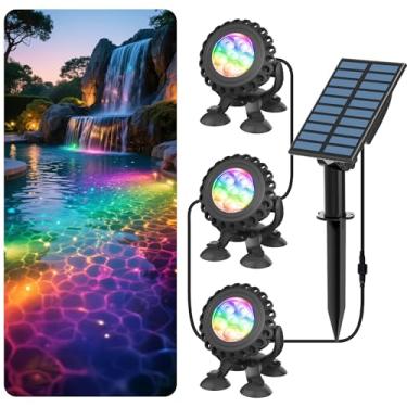 Imagem de T-SUN Luzes solares para lagoas, luzes solares RGB 3 em 1, luz submersível sustentável IP68 à prova d'água para decoração de lago, jardim, pátio, fonte, piscina, cachoeira