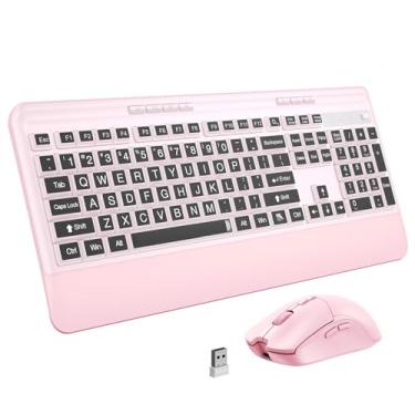 Imagem de KOPJIPPOM Combo silencioso de teclado e mouse sem fio – teclado com capa de impressão grande, teclado ergonômico de tamanho completo de 2,4 GHz com descanso de pulso e mouse para laptop, PC, notebook
