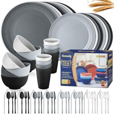 Imagem de Conjuntos de louça de palha de trigo, 64 peças de pratos e tigelas para 8 peças, inquebráveis, reutilizáveis, prato de jantar, prato de sobremesa, tigela de cereal, xícara/utensílios, seguro para