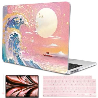 Imagem de LCMOCICO Capa para MacBook Air de 13,6 polegadas 2025 M4 A3240 2024 M3 A3113 2022 2023 A2681 M2 Chip, capa rígida com padrão de plástico cristal para Mac Air 13,6 M4 2025 Touch ID, Sunset Glow Waves
