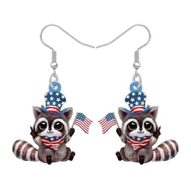 Imagem de DALANE Brincos de guaxinim fofos de acrílico 4 de julho, chapéu de bandeira americana, brincos patrióticos, joias peculiares, presentes engraçados de guaxinim para mulheres amantes de animais, Medium