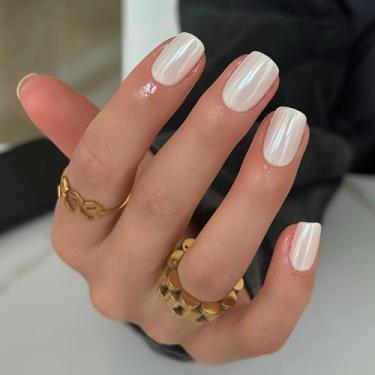 Imagem de FANLAID Unhas Postiças Curtas E Quadradas, Com Cola Branca Perolada Design Esmaltado, Ajuste Natural Bastão Reutilizável Em 12 Tamanhos, Kit 24 Unidades Para Mulheres