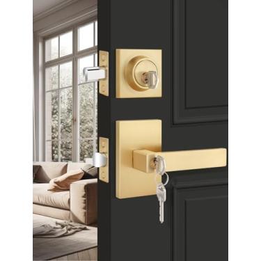 Imagem de EHOMEWARE 1 conjunto de maçanetas e fechaduras douradas, puxadores de porta internos, fechadura de fechadura de cilindro único, conjunto de fechadura de porta de entrada resistente, alavanca de porta