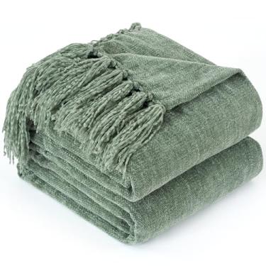 Imagem de GINAMUSE Cobertor de chenille para sofá com borlas, 127 x 152 cm, macio, aconchegante, leve, tricotado, boêmio, cobertores decorativos para cama e sofá, verde claro