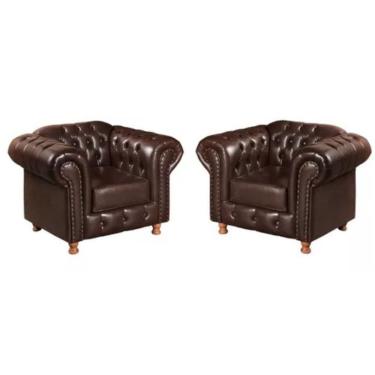 Imagem de Kit 2 Poltronas Chesterfield Luís Xv Vintage Retrô Capitonê Couro Marrom