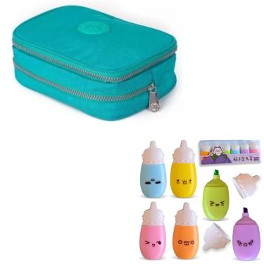 Imagem de Estojo Escolar Lápis Nylon Ziper Resistente Com Organizador Mais Canetinhas Coloridas Marca Texto