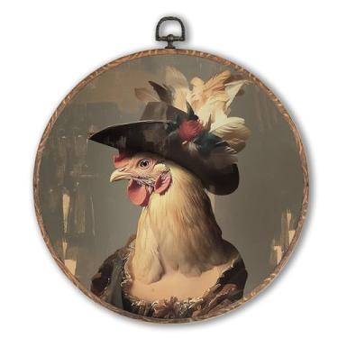 Imagem de Hxlac Arte de parede redonda de galinha peculiar emoldurada, decoração de parede redonda de galo temperamental escuro, animal de fazenda rústico com estampa de galinha para pendurar em tela
