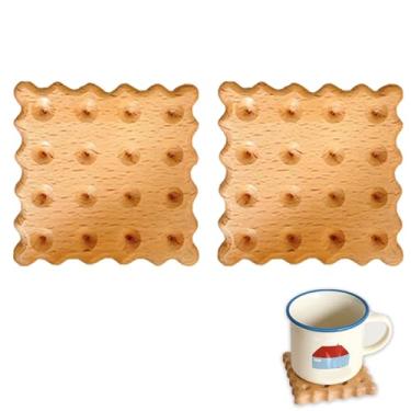 Imagem de Pacote com 2 porta-copos de biscoito de madeira maciça – Tapetes criativos resistentes ao calor para canecas, copos de leite e xícaras de café – Ideal para casa e escritório (madeira de faia)