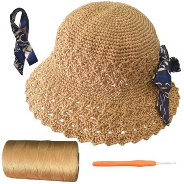 Imagem de SHENJILL Kit de crochê para iniciantes com fio de crochê, chapéu de pescador de jasmim, kit de crochê para adultos, kits fáceis de iniciar, para crochê, instruções fáceis de seguir (Cáqui)