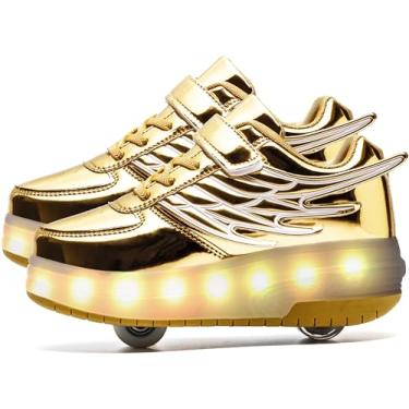 Imagem de Aikuass Tênis de skate com rodas com luzes LED carregáveis por USB para meninos e meninas e crianças, Cd03 - rodas duplas - ouro, 12.5 Little Kid