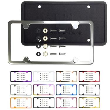 Imagem de Protetor traseiro de silicone quatro furos moldura fina placa de licença espelho polido cromado ajuste universal anti ferrugem metal parafuso na tampa tampa, aço inoxidável T304, à prova de ferrugem à prova de intempéries (quantidade: 1 moldura)