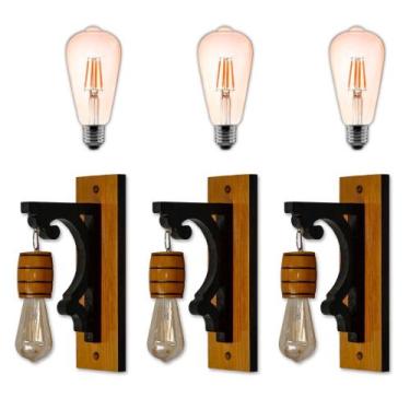 Imagem de Kit 3 Luminárias de Parede Arandela Colonial Barril em Madeira Maciça 