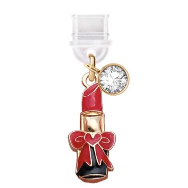 Imagem de ELISE & FONDA TP724 Tipo-C porta de carregamento antipoeira pequeno batom 3D com pingente de celular coração laço para iPhone 15/16/Samsung/OnePlus/Xiaomi/oppo telefones Android (vermelho)