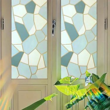 Imagem de Starlit Patio Película geométrica fosca azul cinza mosaico adesivo de vidro de privacidade adesivo de privacidade sem cola decalque decorativo de janela para escritório banheiro painéis de porta de