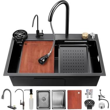 Imagem de Pia De Estação De Trabalho Com Torneira Removível De Tigela Dupla Em Cascata 3 Em 1, Conjunto De Lavatório De Aço Inoxidável, Lavadora De Panela De Pressão, Black-grey B, 85x46cm