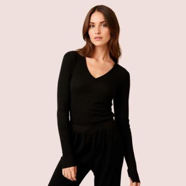 Imagem de Blusa Feminina Malha Canelada Gola V Térmica Confortável - Blue Rose, 