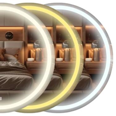 Imagem de Espelho Redondo 3 Tons de LED Vários tamanhos de parede moderno jateado lapidado decorativo com iluminação e Sensor touch screen - LED QUENTE, NEUTRO E FRIO (3 em 1 - Quente neutro e frio, 80x80cm)