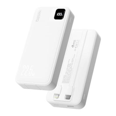 Imagem de Basike Power Bank, Carregador Portátil Universal 20000mAh, USB-A(até 22.5W)+USB-C(até PD20W), com 2 Cabos Integrados (USB-C, Lightning) Carregamento Rápido, Led Indicador de Bateria (Branco)