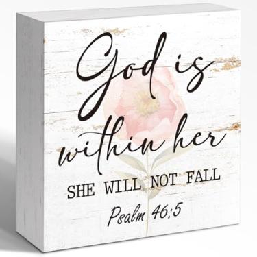 Imagem de WUZYOU Placa de caixa de madeira God Is Within Her She Will Not Fall, Holy Bible Psalm 46:5 Quote Wood Box Sign, Christian Desk Shelves Wall Decor for Living Room 5x1 POLEGADAS