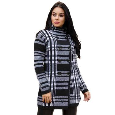 Imagem de Casaco Feminino Sobretudo Com Botões Tricot Livora Preto e Branco Tama