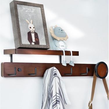 Imagem de Cabide Montado Na Parede Com Prateleira De Armazenamento Cabide De Madeira Ganchos Para Corredor Banheiro Sala De Estar Quarto, Brown, 59 * 6cm