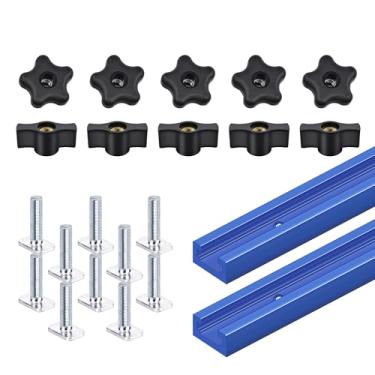 Imagem de Pacote com 2 trilhos em T de 61 cm com 20 peças de kit de manípulos em T para marcenaria com parafusos, ferramentas para marcenaria de liga de alumínio, perfil de corte duplo, trilhos em T universais